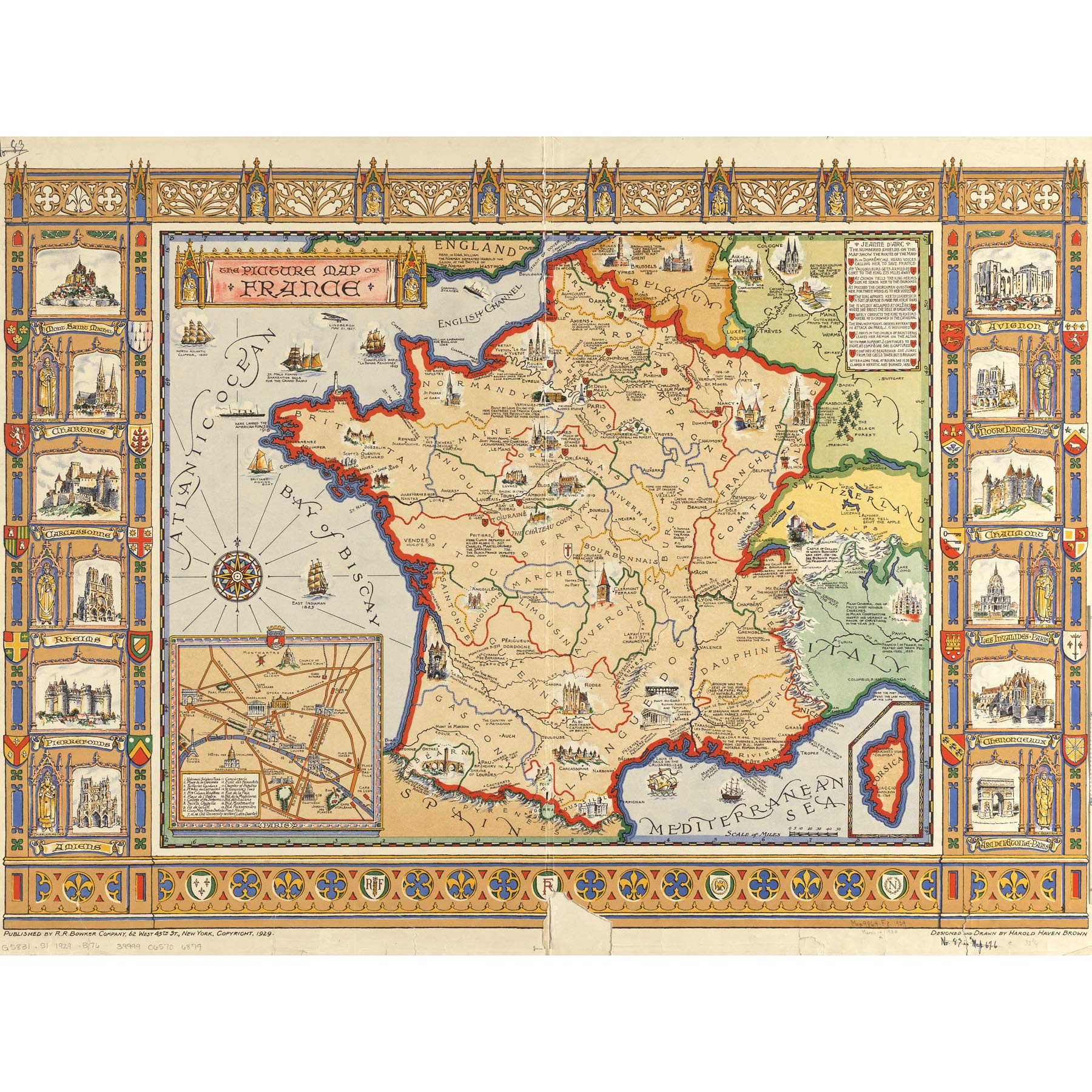 Amazon.co.jp: Brown 1929 Pictorial Map France Paris Castles Large